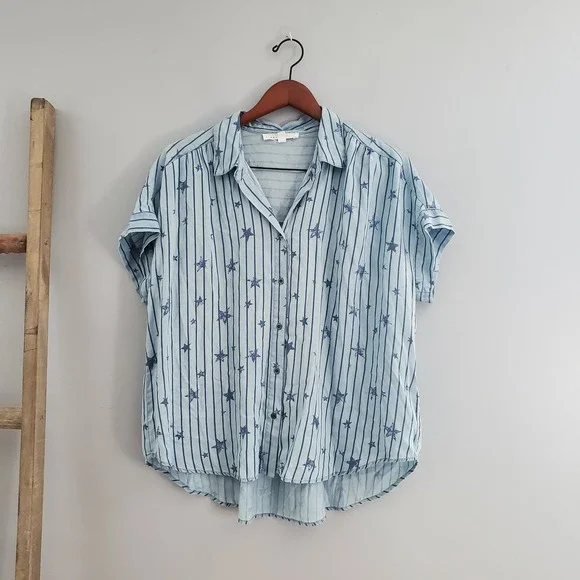 Jane + Delancey Blue Stars & Stripes Short Sleeve Button Down Top Size L - Picture 1 of 8